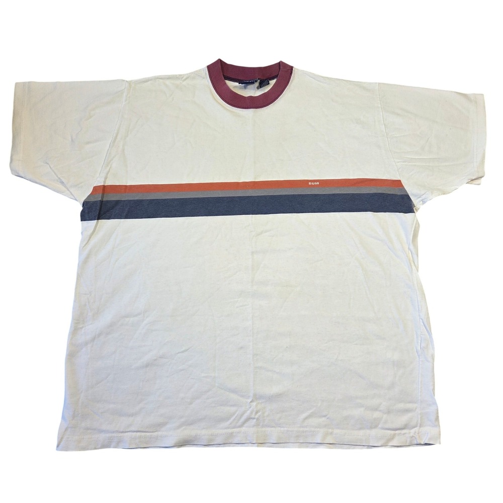 Vintage B.U.M. Equipment T-Shirt Men XL White Striped 90s Ringer Cotton Tee Punk